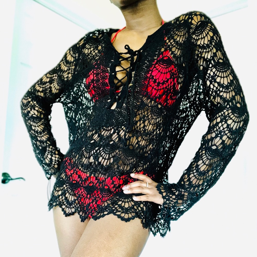 Black Lace/ Crochet Swimsuit Cover Up & Top